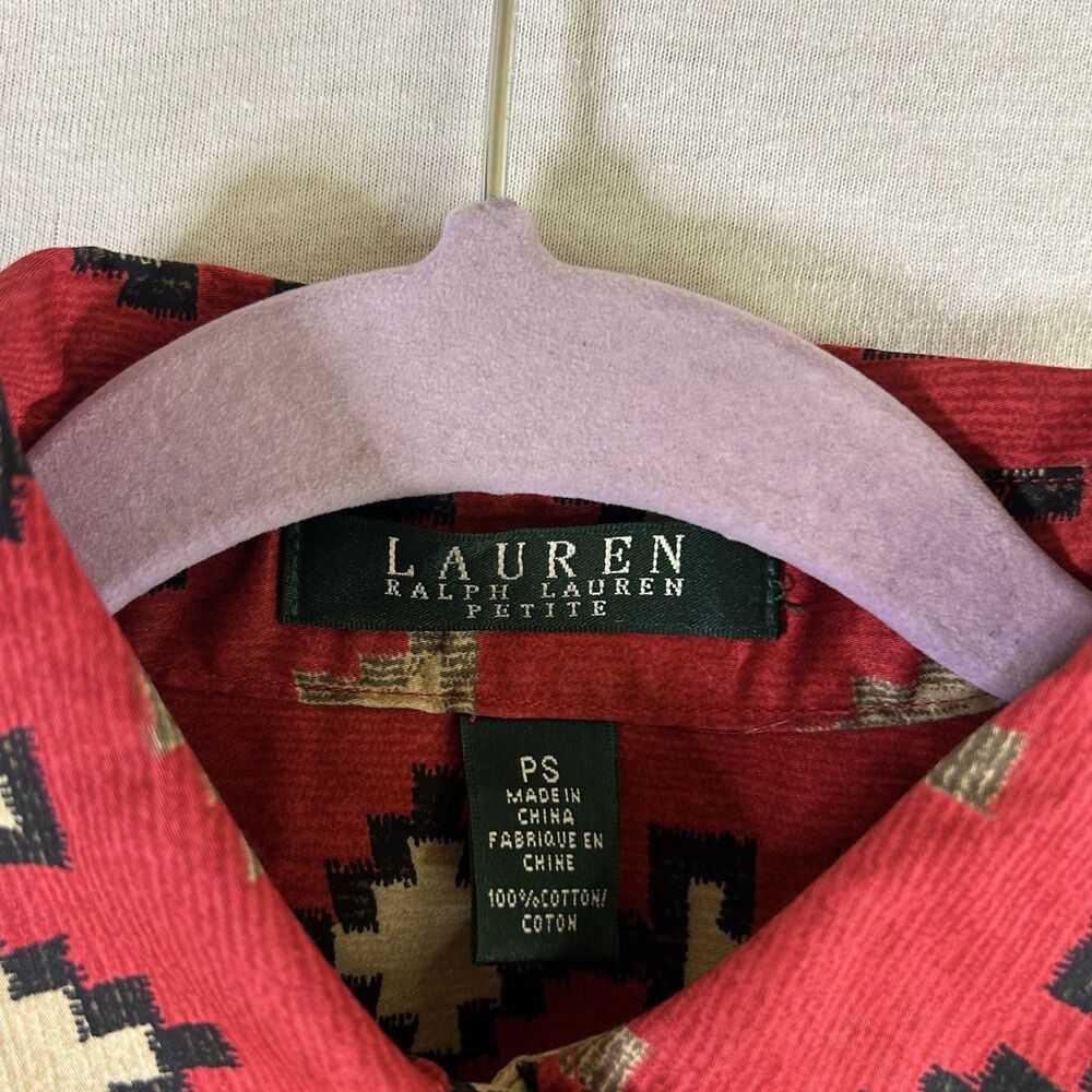 Lauren Ralph Lauren Button Shirt Womens Petite S Red Tan Aztec Southwest Cotton - Picture 4 of 6